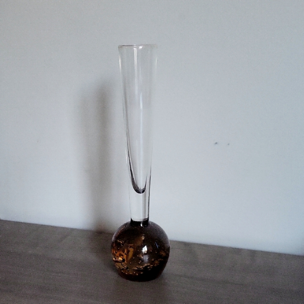 Mid Century Hand Blown Art Glass Amber Controlled Bubble Bud Vase